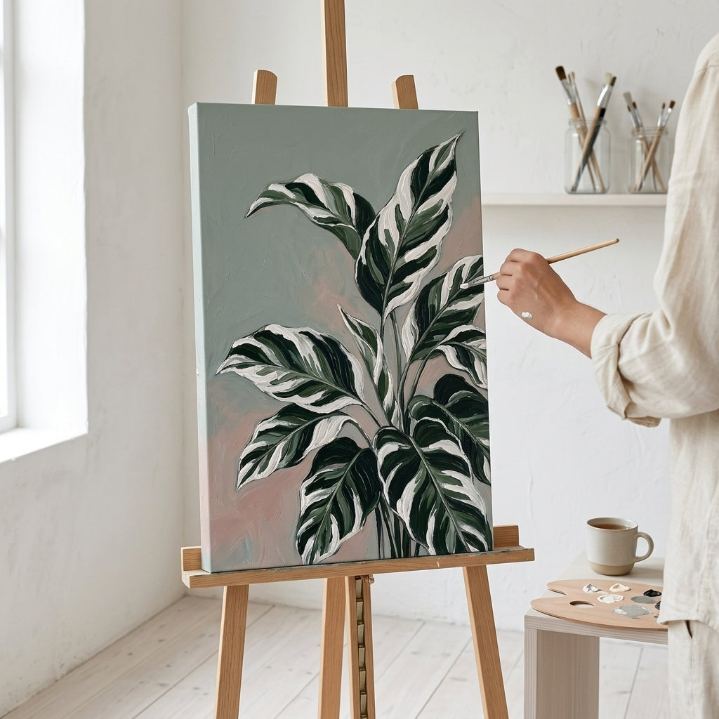 Umelkyňa v Papilora ateliéri stojí vedľa dreveného stojana s hotovým obrazom veľké listy tropickej rastliny s panašovaním, prirodzené denné svetlo z veľkého okna.