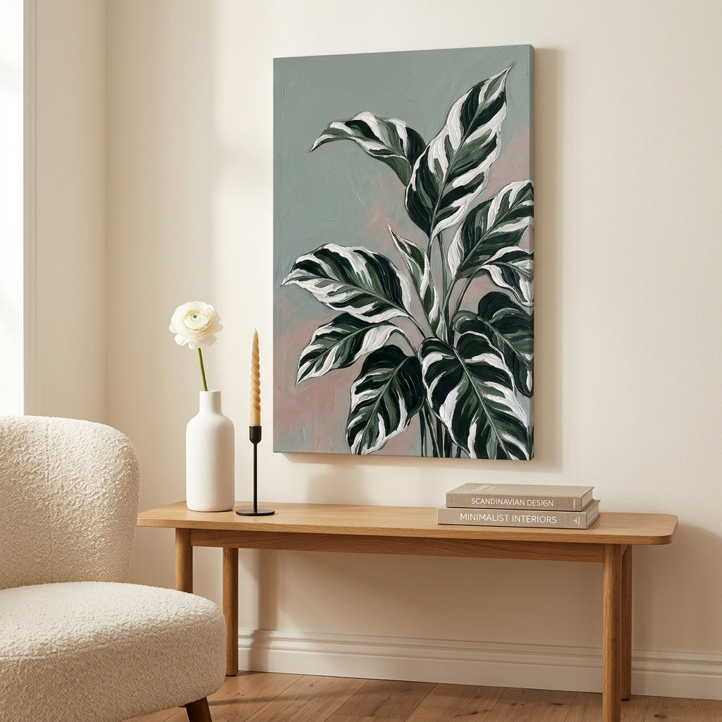 Obraz veľké listy tropickej rastliny s panašovaním zavesený v modernom štýlovom interiéri obývačky, nad drevenou konzolou s vázou a sviečkou.
