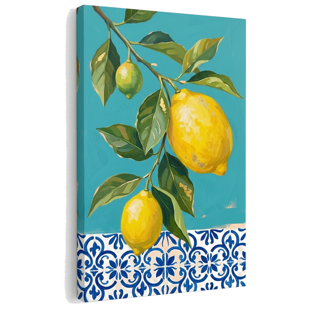 Obraz dva citróny na vetvičke na plátne — 3D vizualizácia canvasu s viditeľným dreveným podrámkom, Papilora Premium Art.