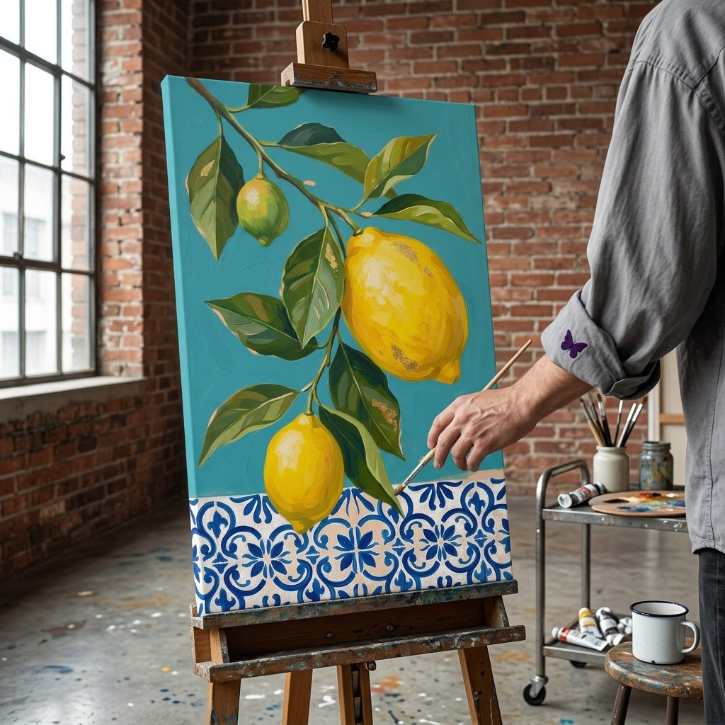 Umelkyňa v Papilora ateliéri stojí vedľa dreveného stojana s hotovým obrazom dva citróny na vetvičke, prirodzené denné svetlo z veľkého okna.