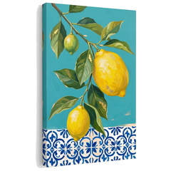 Obraz dva citróny na vetvičke na plátne — 3D vizualizácia canvasu s viditeľným dreveným podrámkom, Papilora Premium Art.