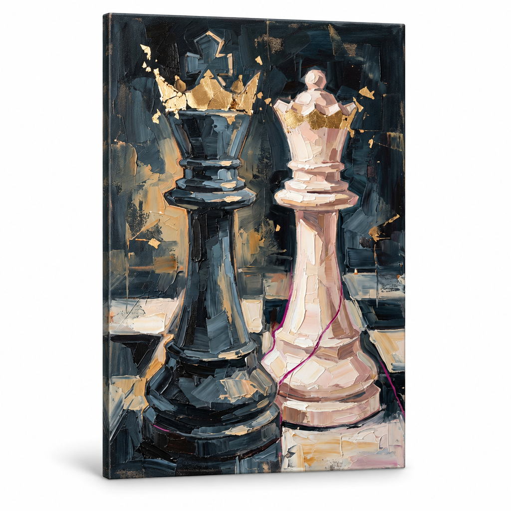 Obraz šachová figúrka kráľa v popredí na plátne — 3D vizualizácia canvasu s viditeľným dreveným podrámkom, Papilora Premium Art.