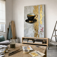 Hotový obraz šálka čaju alebo kávy na podšálke na drevenom stojane v Papilora ateliéri, ručné dotváranie akrylom, prirodzené denné svetlo z veľkého okna.
