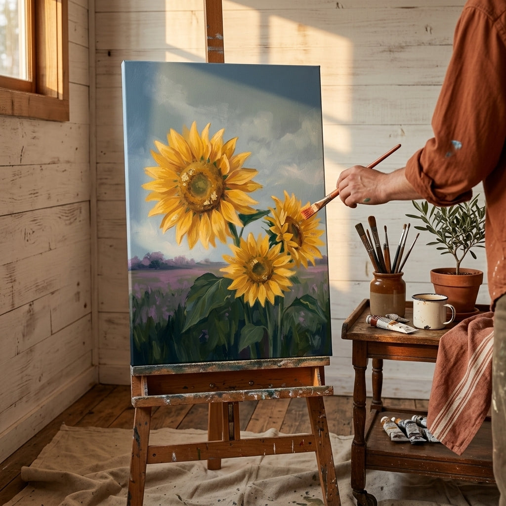Umelkyňa v Papilora ateliéri stojí vedľa dreveného stojana s hotovým obrazom tri slnečnice na poli, prirodzené denné svetlo z veľkého okna.
