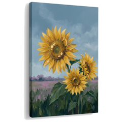 Obraz tri slnečnice na poli na plátne — 3D vizualizácia canvasu s viditeľným dreveným podrámkom, Papilora Premium Art.