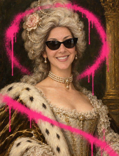 Obraz z fotky ako legenda – zákazníčka ako Marie Antoinette so slnečnými okuliarmi