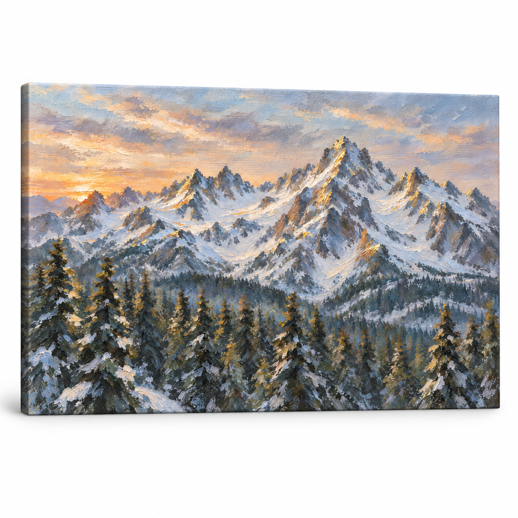 Obraz vysokohorského masívu pokrytého snehom a ľadom na plátne — 3D vizualizácia canvasu s viditeľným dreveným podrámkom, Papilora Premium Art.