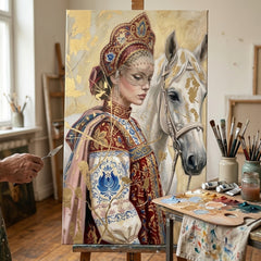 Umelkyňa v Papilora ateliéri stojí vedľa dreveného stojana s hotovým obrazom ženy v ruskom ľudovom kroji s maskou a bielym koňom, prirodzené denné svetlo z veľkého okna.