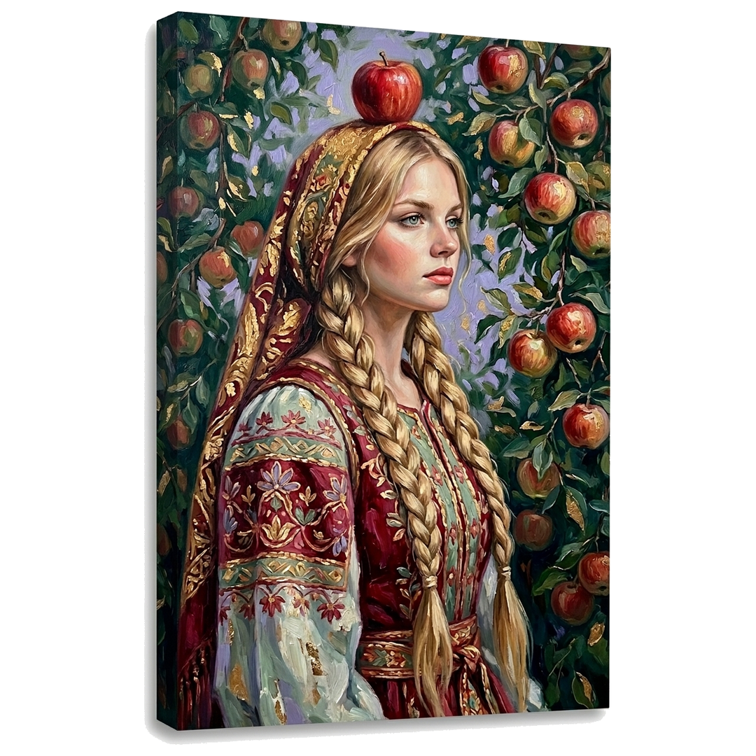 Obraz mladá žena v tradičnom slovenskom kroji s jablkom na hlave na plátne — 3D vizualizácia canvasu s viditeľným dreveným podrámkom, Papilora Premium Art.