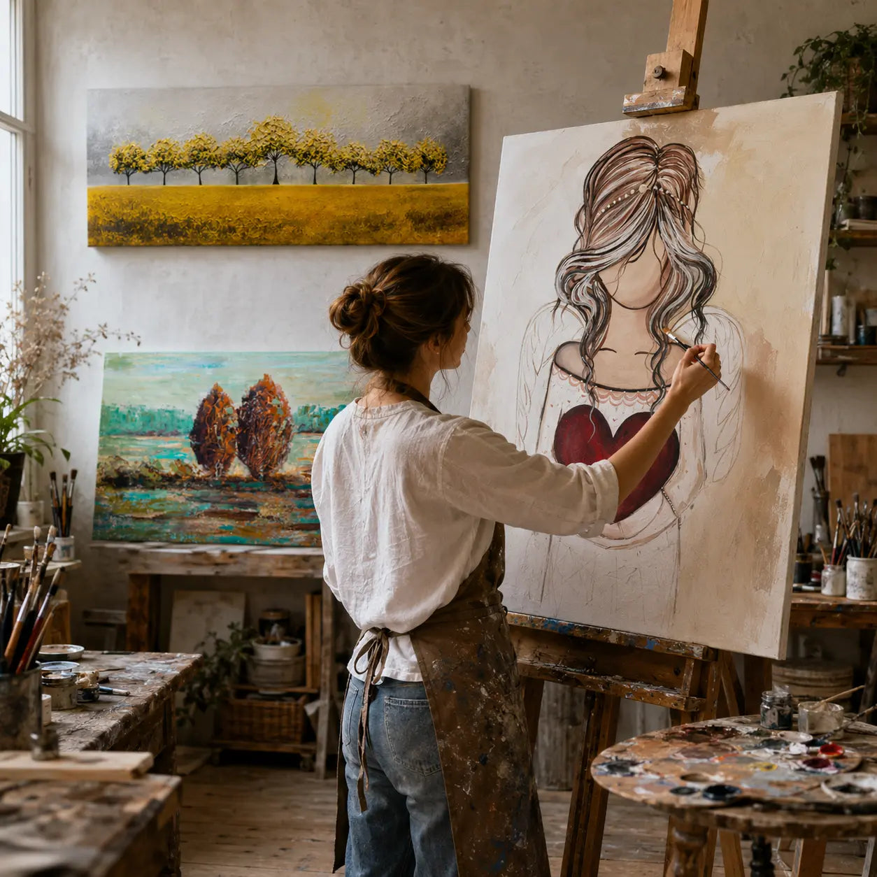 Maliarka Papilora ručne maľuje obraz v ateliéri na Slovensku — originálna ručná tvorba každého obrazu
