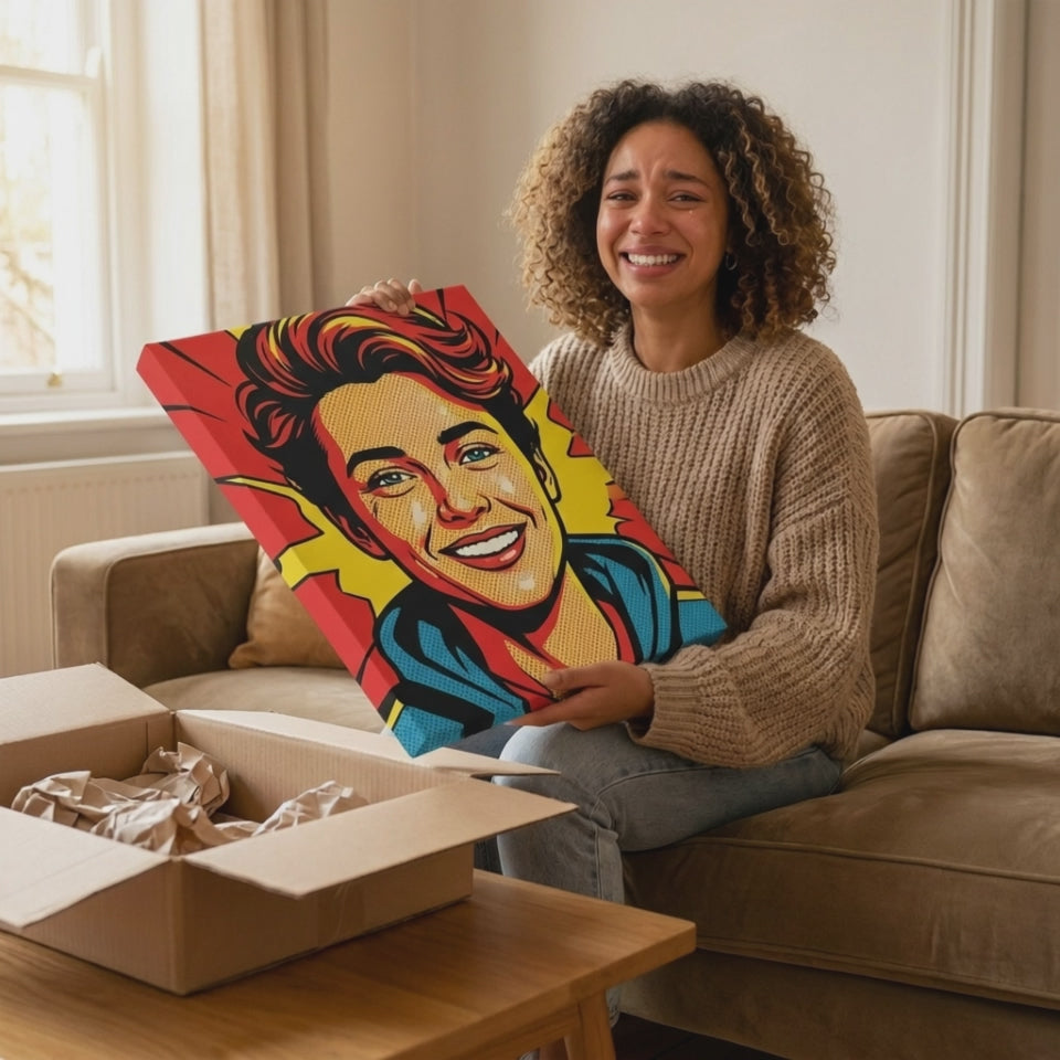 Komiksový pop-art obraz z fotky — video: zákazníčka vyberie obraz z objednávky, poteší sa a ukáže ho do kamery, darček Papilora