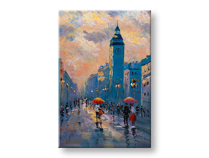 V boho štýle obraz na plátne s motívom PRECHÁDZKA MESTOM, krajina, mapa v modro-oranžových odtieňoch, romantická atmosféra, mestský život, vhodný do kancelárie – hlavný