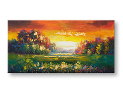 V boho štýle obraz na plátne s motívom LÚKA, krajina, stromy, západ slnka, pole v fialovo-oranžových odtieňoch, pokojná atmosféra, vhodný do chodby – hlavný