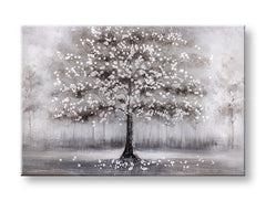 Ručne maľovaný obraz na plátne s motívom STROM, les, opar, krajina, kvety v bielo-sivých odtieňoch, pokojná atmosféra, príroda a samota, vhodný do pracovne – hlavný