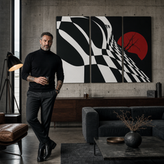 Ručne maľovaný POP Art obraz Abstract Chessboard – obraz v modernom mužskom interiéri, lifestyle vizualizácia. Dominantné farby: čierna, biela, červená.