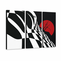 Ručne maľovaný POP Art obraz Abstract Chessboard – 3D vizualizácia ručne maľovaného plátna na bielom pozadí. Dominantné farby: čierna, biela, červená.