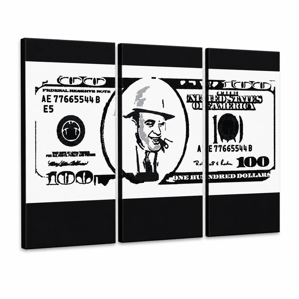 Ručne maľovaný POP Art obraz AL CAPONE – 3D vizualizácia ručne maľovaného plátna na bielom pozadí. Dominantné farby: čierna, biela, šedá.