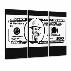 Ručne maľovaný POP Art obraz AL CAPONE – 3D vizualizácia ručne maľovaného plátna na bielom pozadí. Dominantné farby: čierna, biela, šedá.