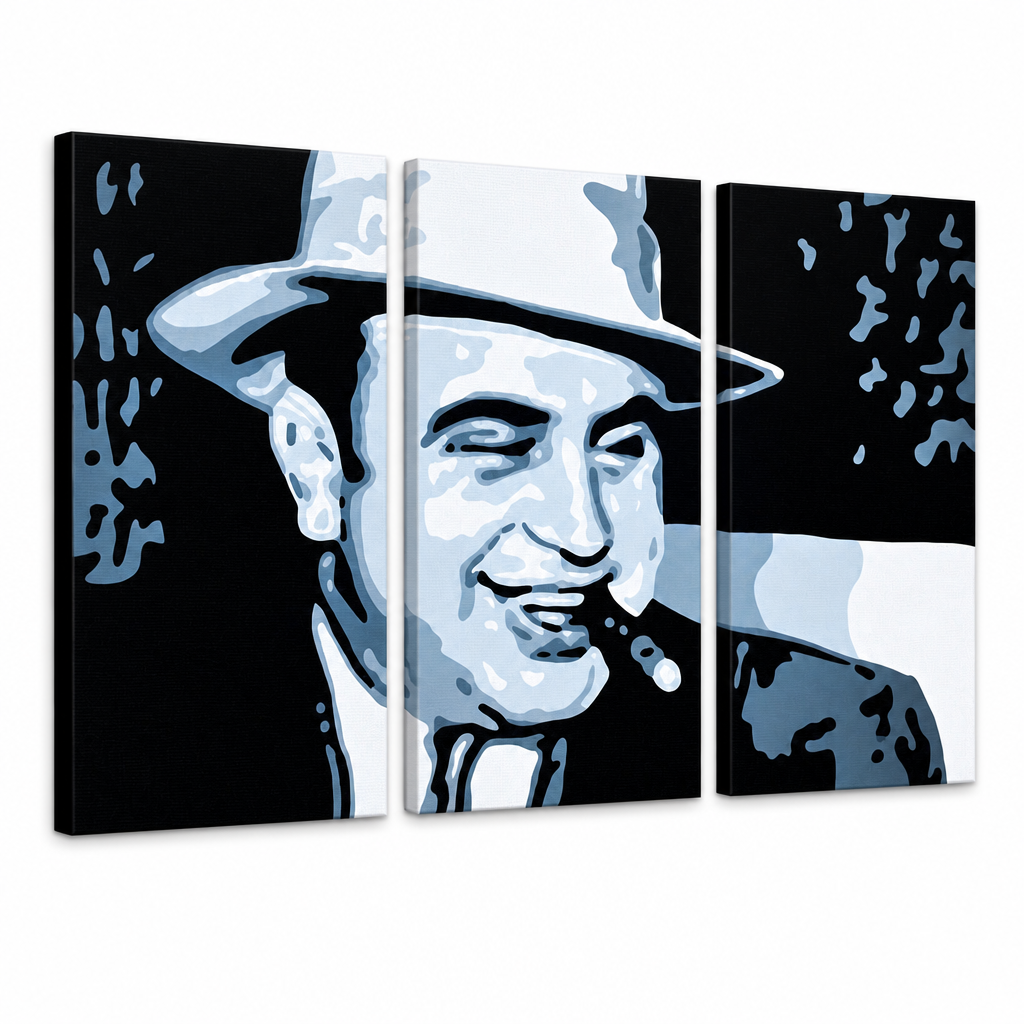 Ručne maľovaný POP Art obraz AL CAPONE | rôzne veľkosti – 3D vizualizácia ručne maľovaného plátna na bielom pozadí. Dominantné farby: čierna, modrá, biela.