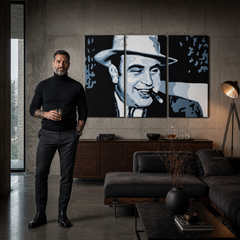 Ručne maľovaný POP Art obraz AL CAPONE | rôzne veľkosti – obraz v modernom mužskom interiéri, lifestyle vizualizácia. Dominantné farby: čierna, modrá, biela.