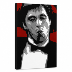 Ručne maľovaný POP Art obraz AL PACINO – 3D vizualizácia ručne maľovaného plátna na bielom pozadí. Dominantné farby: červená, čierna, sivá, biela.