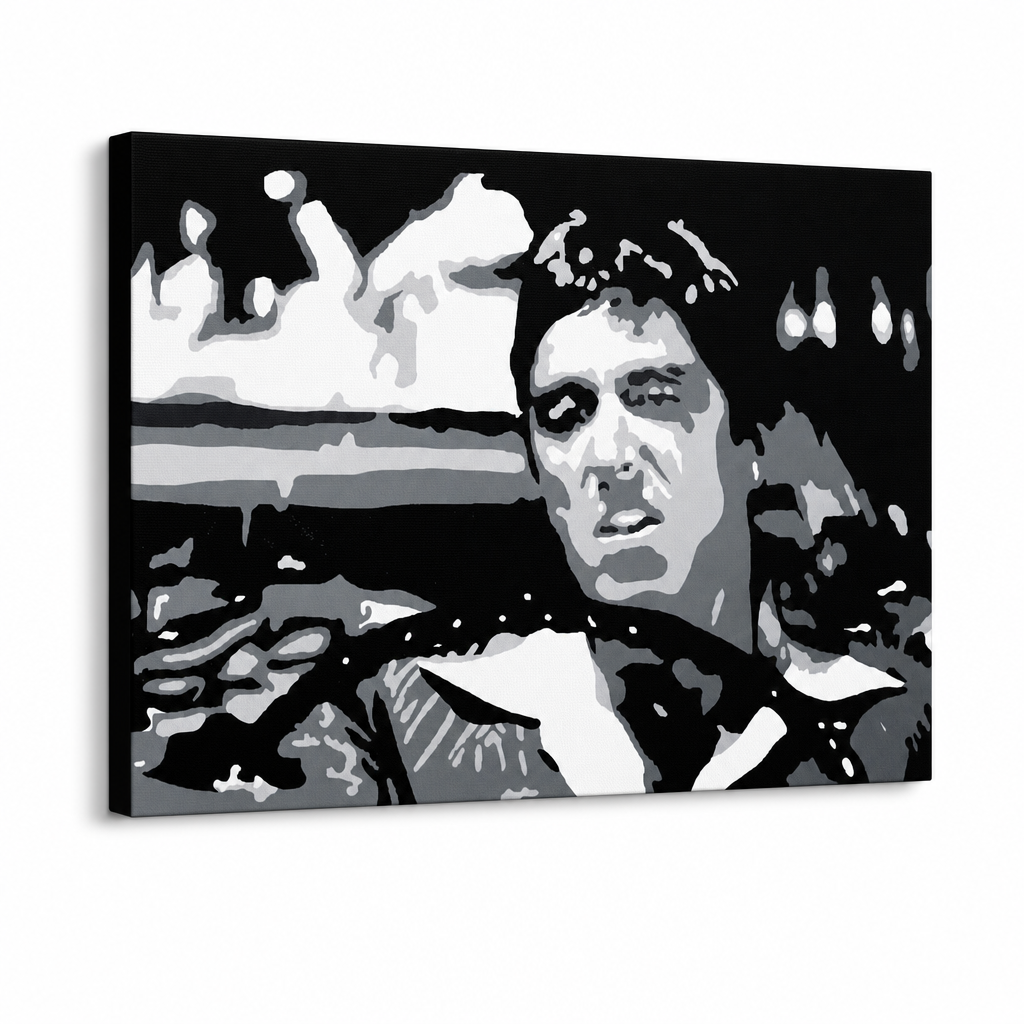 Ručne maľovaný POP Art obraz AL PACINO – 3D vizualizácia ručne maľovaného plátna na bielom pozadí. Dominantné farby: čierna, biela, sivá.