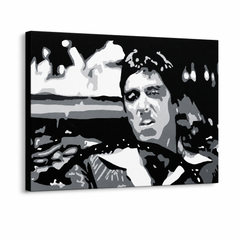 Ručne maľovaný POP Art obraz AL PACINO – 3D vizualizácia ručne maľovaného plátna na bielom pozadí. Dominantné farby: čierna, biela, sivá.