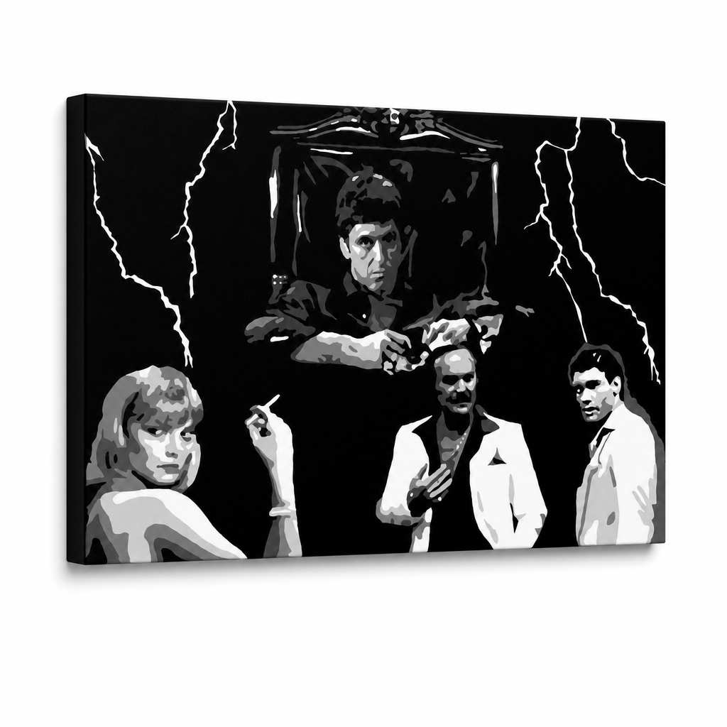Ručne maľovaný POP Art obraz AL PACINO – 3D vizualizácia ručne maľovaného plátna na bielom pozadí. Dominantné farby: čierna, biela, sivá.