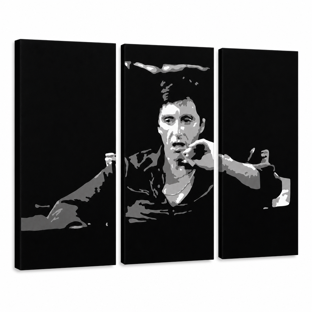 Ručne maľovaný POP Art obraz AL PACINO – 3D vizualizácia ručne maľovaného plátna na bielom pozadí. Dominantné farby: čierna, sivá, biela.