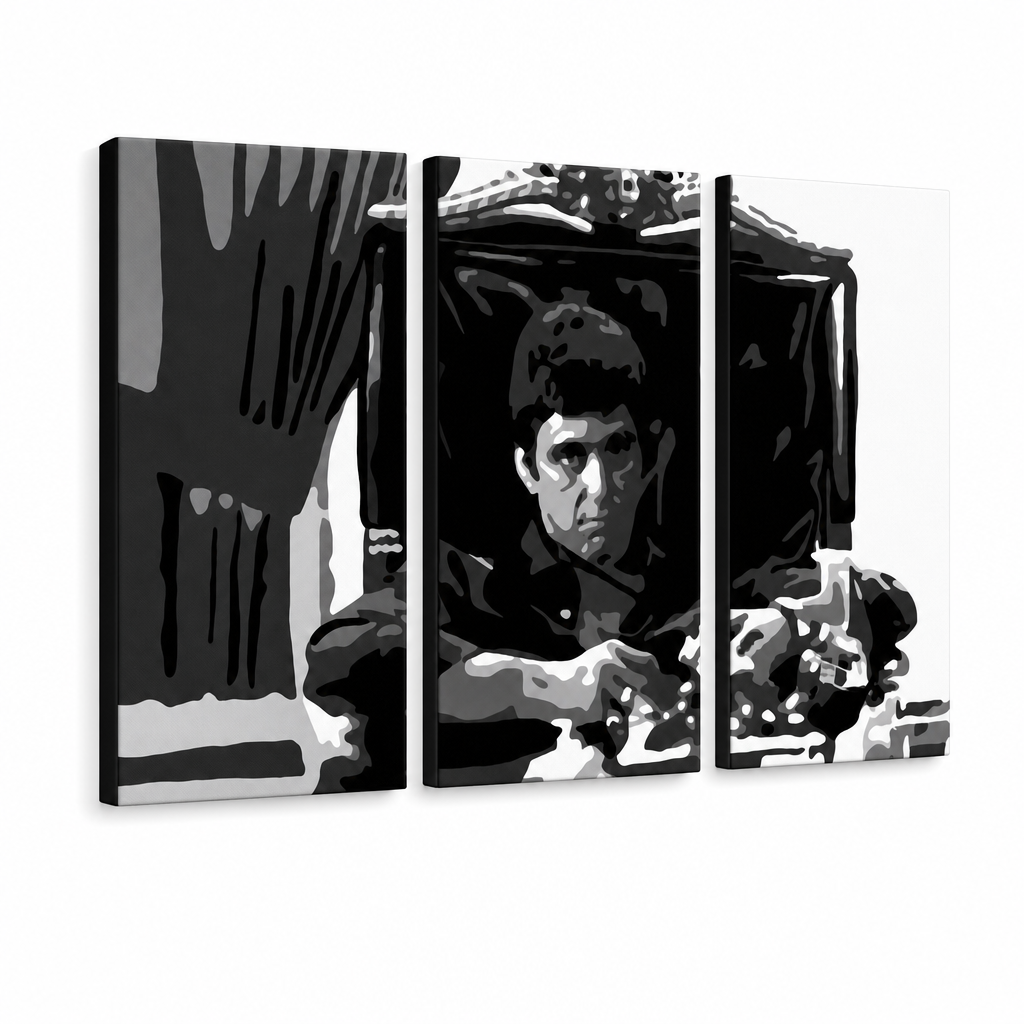 Ručne maľovaný POP Art obraz AL PACINO – 3D vizualizácia ručne maľovaného plátna na bielom pozadí. Dominantné farby: čierna, biela, sivá.