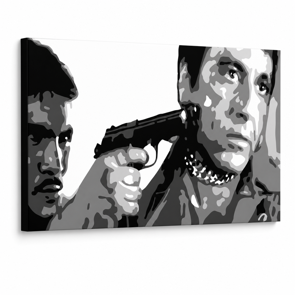 Ručne maľovaný POP Art obraz AL PACINO – 3D vizualizácia ručne maľovaného plátna na bielom pozadí. Dominantné farby: čierna, biela, sivá.