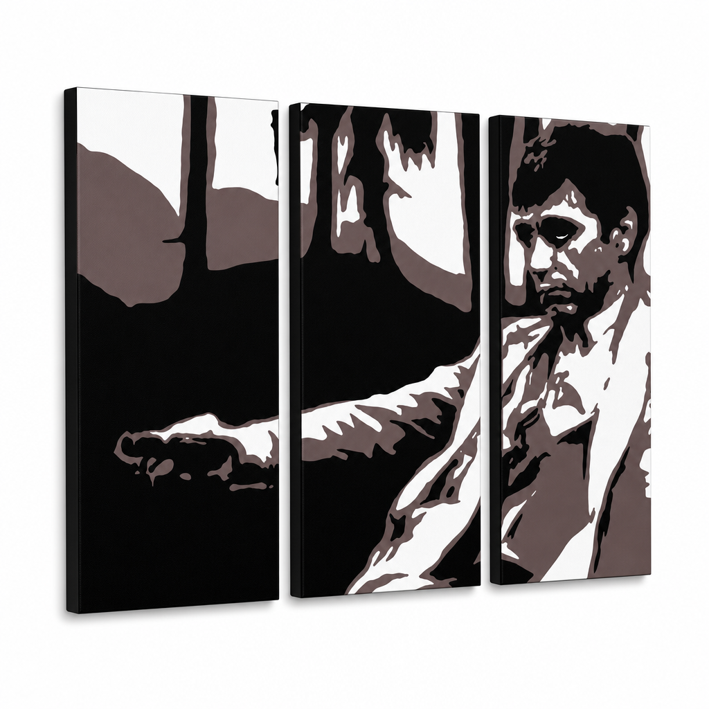 Ručne maľovaný POP Art obraz AL PACINO – 3D vizualizácia ručne maľovaného plátna na bielom pozadí. Dominantné farby: čierna, hnedá, biela, sivá.