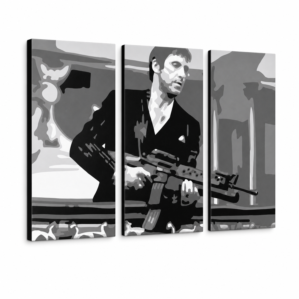 Ručne maľovaný POP Art obraz AL PACINO – 3D vizualizácia ručne maľovaného plátna na bielom pozadí. Dominantné farby: čierna, sivá, biela.
