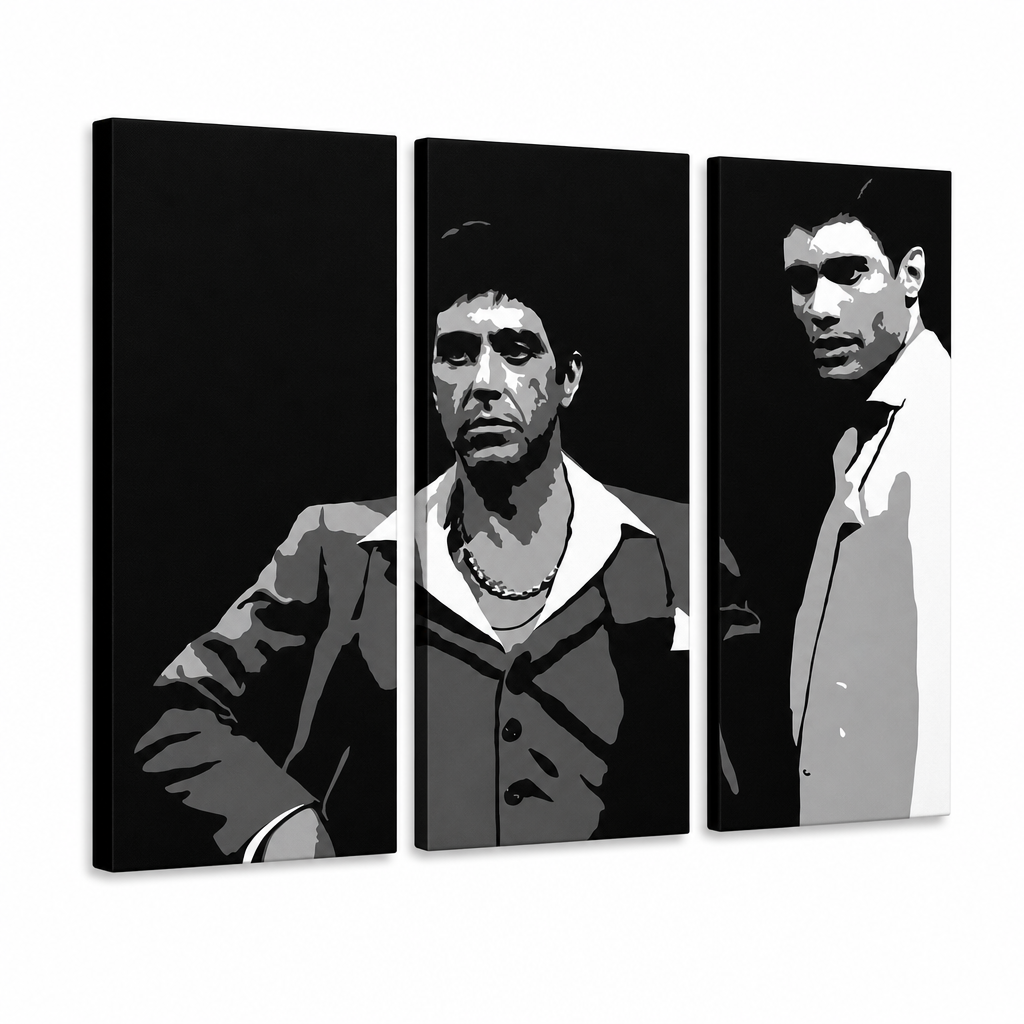 Ručne maľovaný POP Art obraz AL PACINO – 3D vizualizácia ručne maľovaného plátna na bielom pozadí. Dominantné farby: čierna, biela, sivá.
