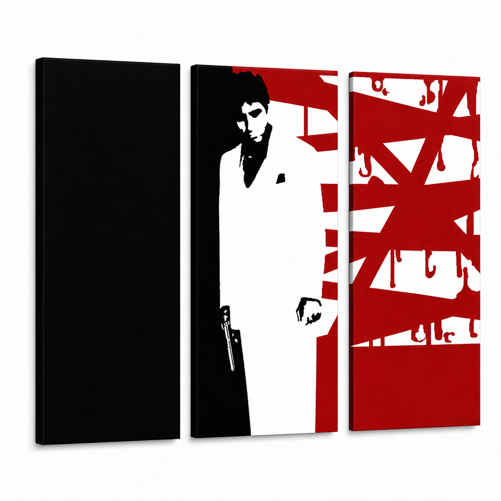 Ručne maľovaný POP Art obraz AL PACINO – 3D vizualizácia ručne maľovaného plátna na bielom pozadí. Dominantné farby: čierna, biela, červená.