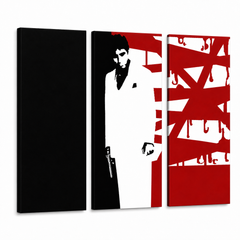 Ručne maľovaný POP Art obraz AL PACINO – 3D vizualizácia ručne maľovaného plátna na bielom pozadí. Dominantné farby: čierna, biela, červená.