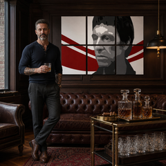 Ručne maľovaný POP Art obraz AL PACINO – obraz v modernom mužskom interiéri, lifestyle vizualizácia. Dominantné farby: čierna, červená, biela.