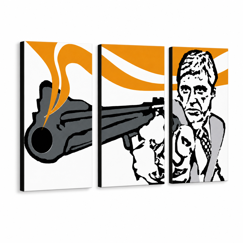 Ručne maľovaný POP Art obraz AL PACINO – 3D vizualizácia ručne maľovaného plátna na bielom pozadí. Dominantné farby: čierna, oranžová, biela, sivá.