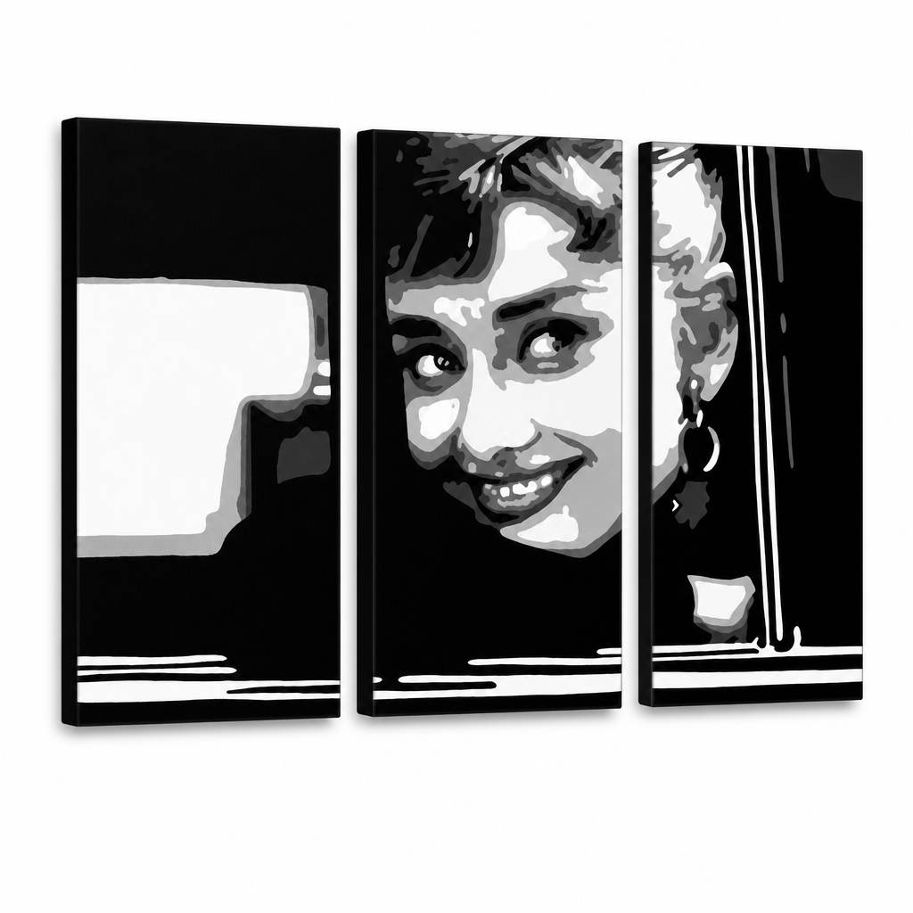 Ručne maľovaný POP Art obraz Audrey HEPBHURN – 3D vizualizácia ručne maľovaného plátna na bielom pozadí. Dominantné farby: čierna, biela, šedá.