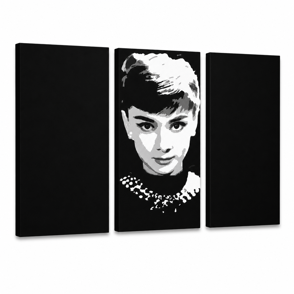 Ručne maľovaný POP Art obraz Audrey HEPBHURN – 3D vizualizácia ručne maľovaného plátna na bielom pozadí. Dominantné farby: čierna, biela, sivá.