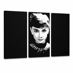 Ručne maľovaný POP Art obraz Audrey HEPBHURN – 3D vizualizácia ručne maľovaného plátna na bielom pozadí. Dominantné farby: čierna, biela, sivá.