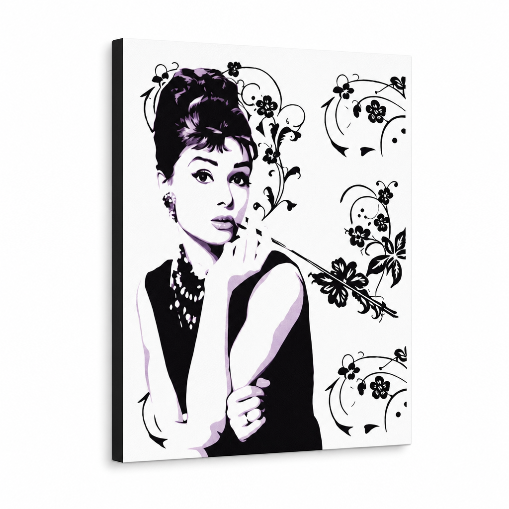 Ručne maľovaný POP Art obraz Audrey Hepburn – 3D vizualizácia ručne maľovaného plátna na bielom pozadí. Dominantné farby: čierna, biela, fialová.