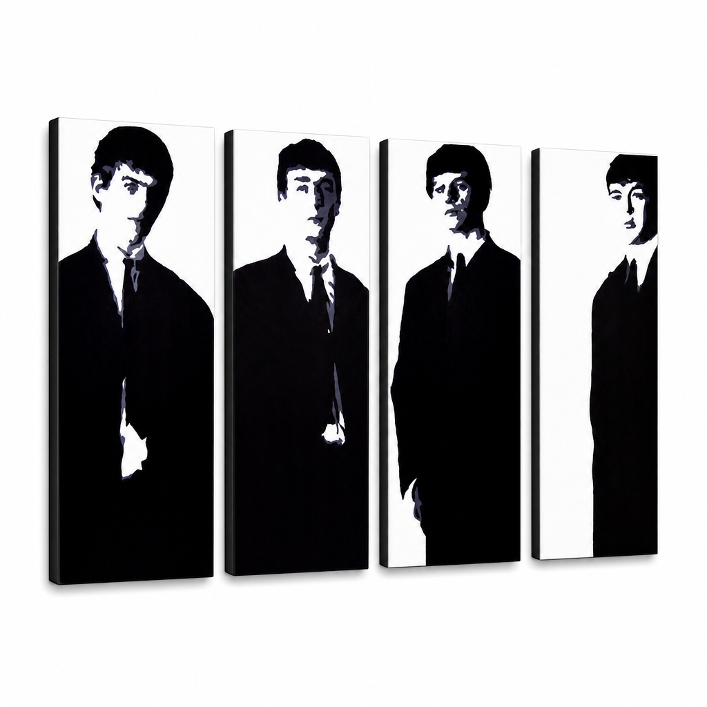 Ručne maľovaný POP Art obraz Beatles – 3D vizualizácia ručne maľovaného plátna na bielom pozadí. Dominantné farby: čierna, biela, šedá.