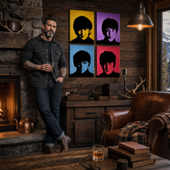 Ručne maľovaný POP Art obraz Beatles – obraz v modernom mužskom interiéri, lifestyle vizualizácia. Dominantné farby: žltá, fialová, modrá, červená, čierna.
