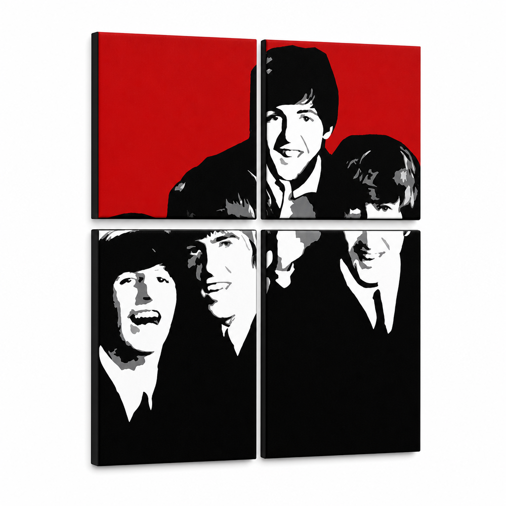 Ručne maľovaný POP Art obraz Beatles – 3D vizualizácia ručne maľovaného plátna na bielom pozadí. Dominantné farby: červená, čierna, biela, sivá.