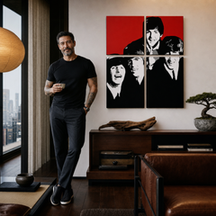 Ručne maľovaný POP Art obraz Beatles – obraz v modernom mužskom interiéri, lifestyle vizualizácia. Dominantné farby: červená, čierna, biela, sivá.