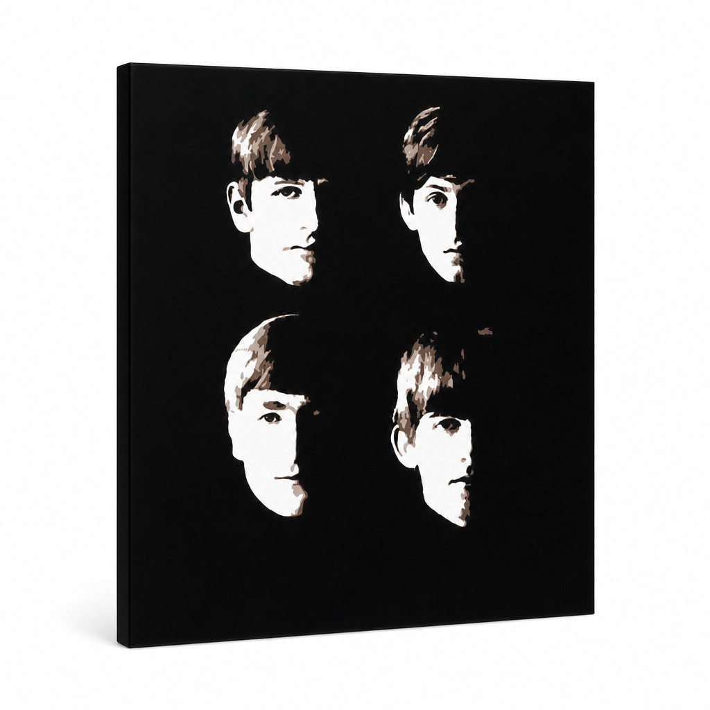 Ručne maľovaný POP Art obraz Beatles – 3D vizualizácia ručne maľovaného plátna na bielom pozadí. Dominantné farby: čierna, béžová, hnedá.