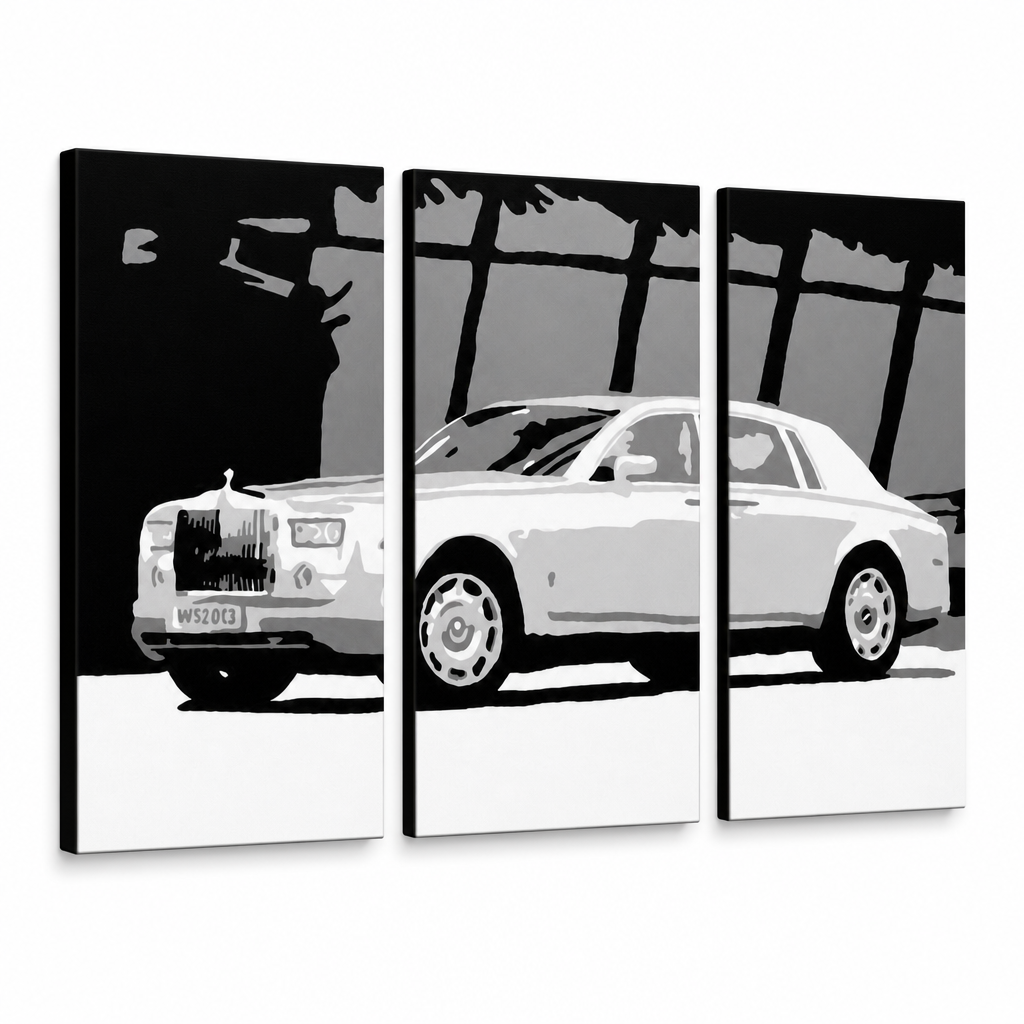 Ručne maľovaný POP Art obraz BENTLEY – 3D vizualizácia ručne maľovaného plátna na bielom pozadí. Dominantné farby: biela, čierna, sivá.