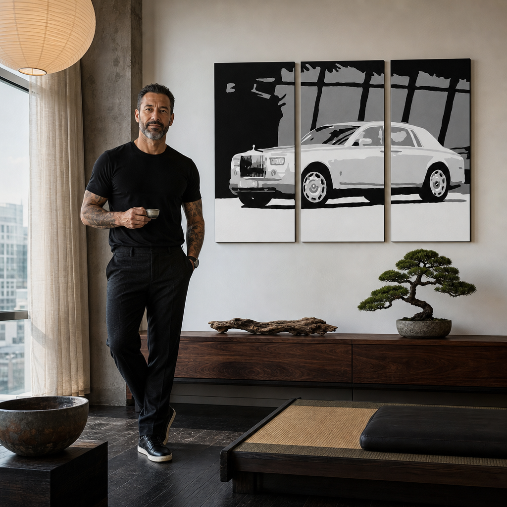 Ručne maľovaný POP Art obraz BENTLEY – obraz v modernom mužskom interiéri, lifestyle vizualizácia. Dominantné farby: biela, čierna, sivá.