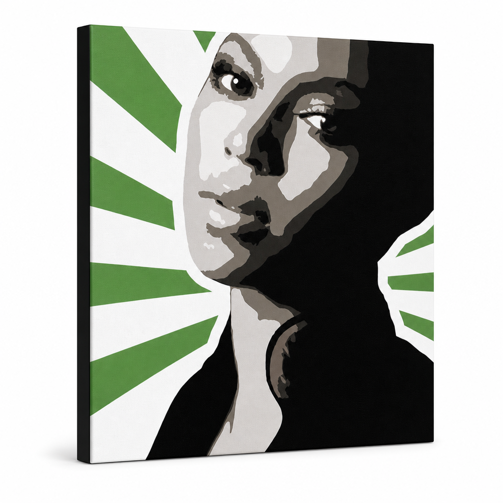 Ručne maľovaný POP Art obraz BEYONCÉ – 3D vizualizácia ručne maľovaného plátna na bielom pozadí. Dominantné farby: zelená, čierna, sivá, biela, ružová.